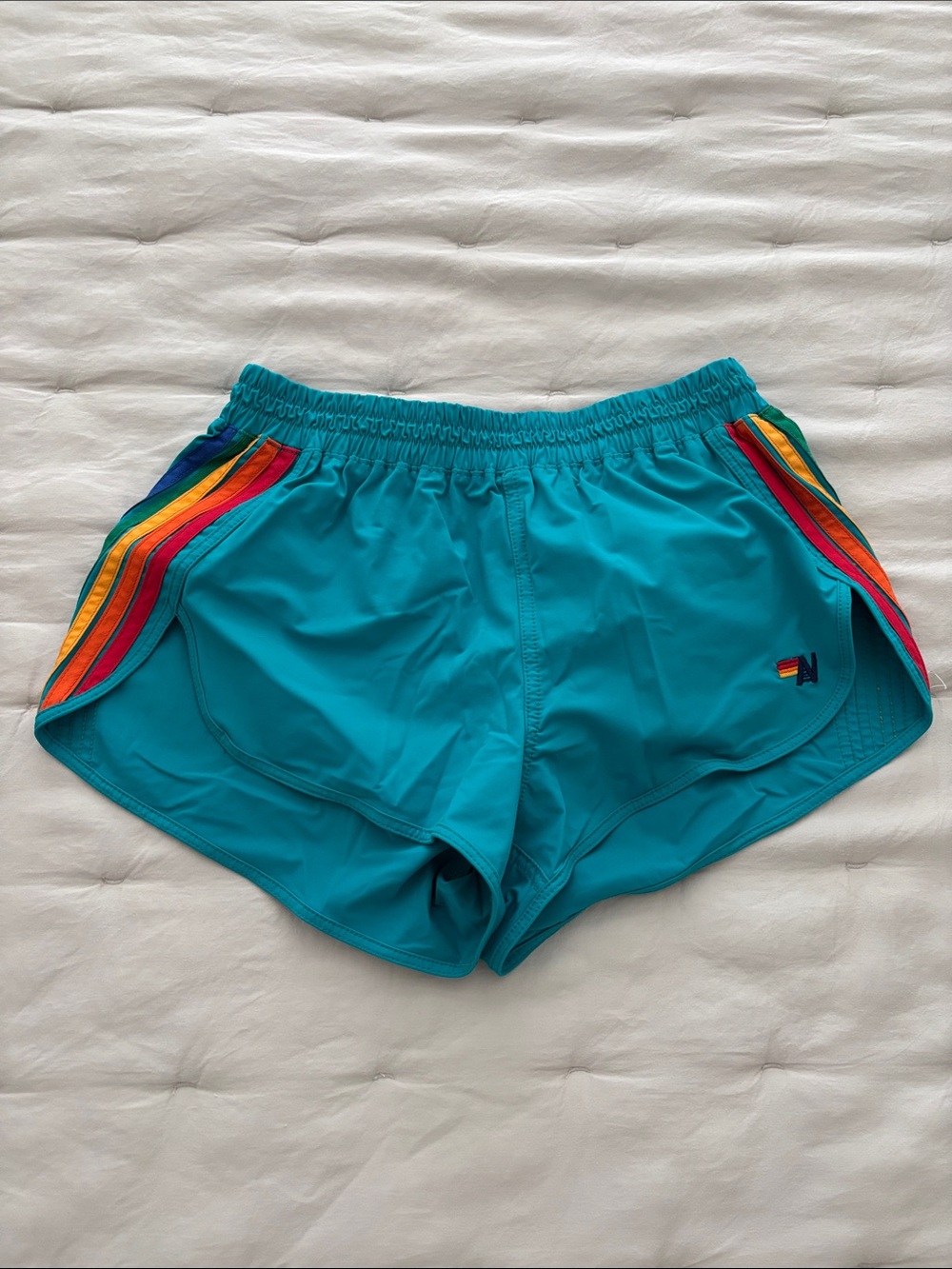 Aviator Nation Bright Green / Blue Board Shorts with Rainbow Side Stripes S